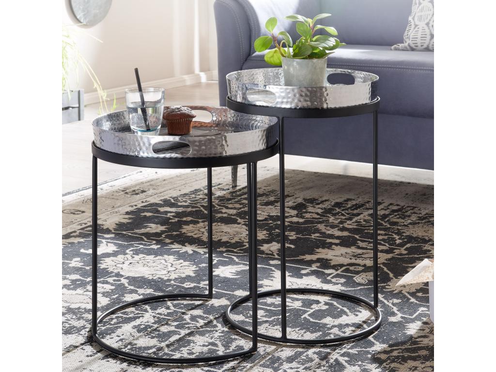 Side Table Set of 2 Oriental Style Metal Coffee Tables Aluminum 73956NXKX