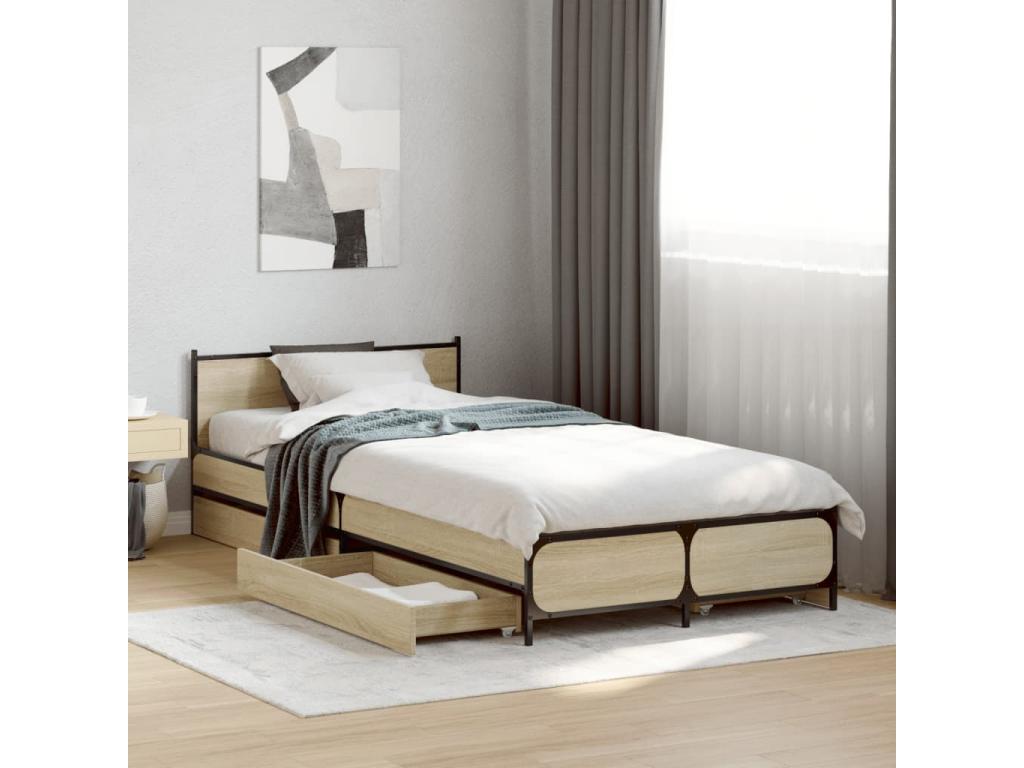 Bohometop oak bed frame and drawers, 90x200cm, engineered wood, 55384NRXZ