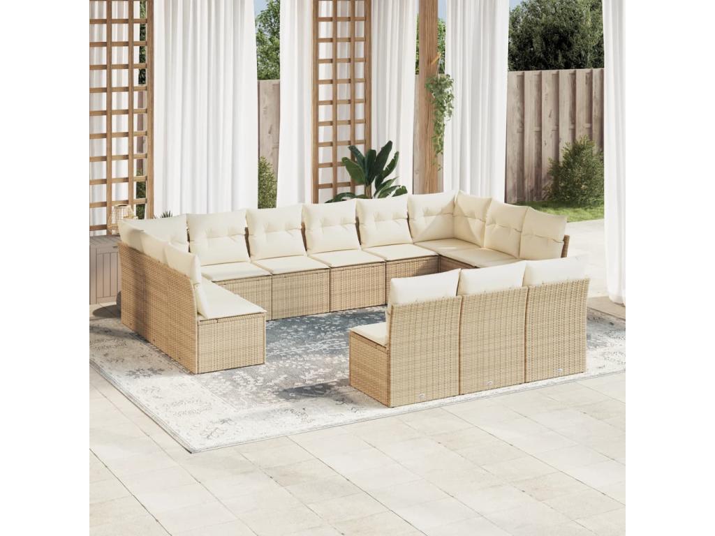 13-piece garden furniture set with cushions, beige wicker resin, 54967RCXY