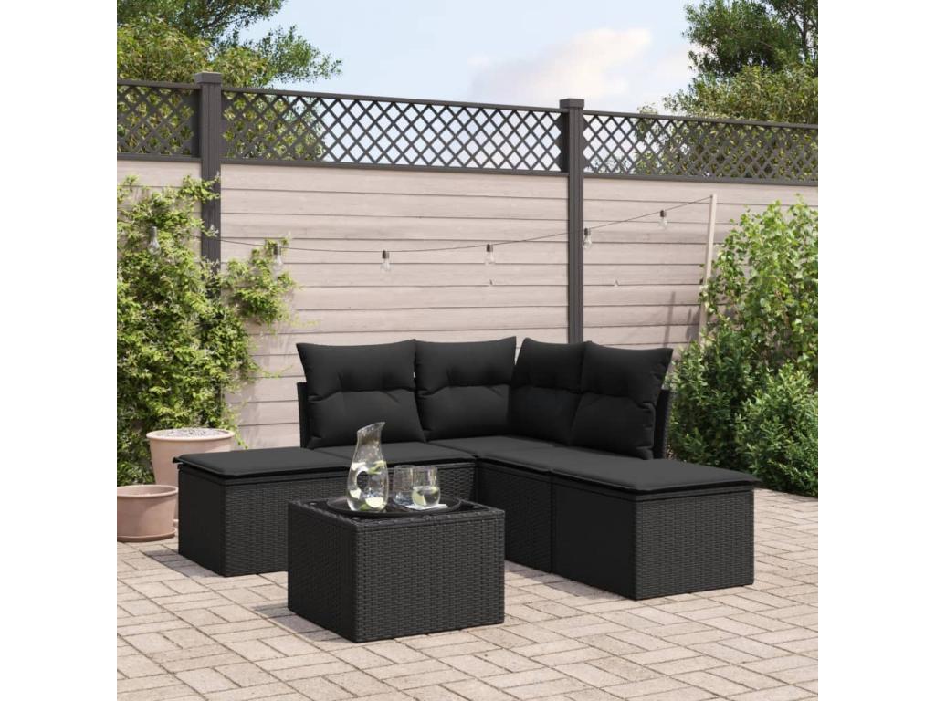 6-piece garden furniture set with cushions, black wicker resin 94964CCDM