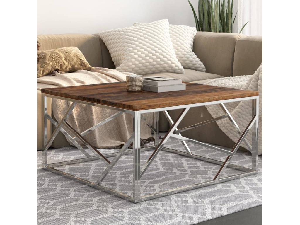Silver coffee table in stainless steel and solid larch wood 56220UPGC