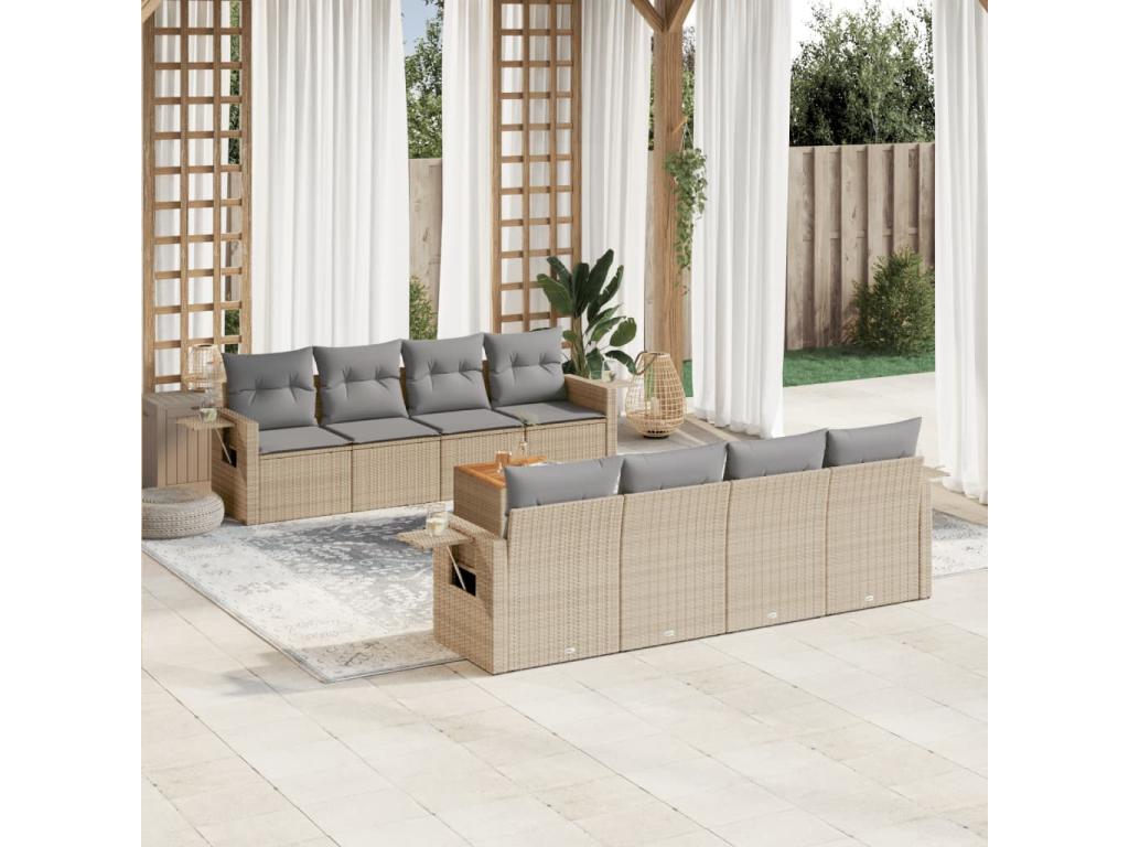 Bohometop 9-piece garden furniture set with cushions, beige wicker resin, 74063UHSK