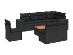 9-piece garden furniture set with cushions, black woven resin