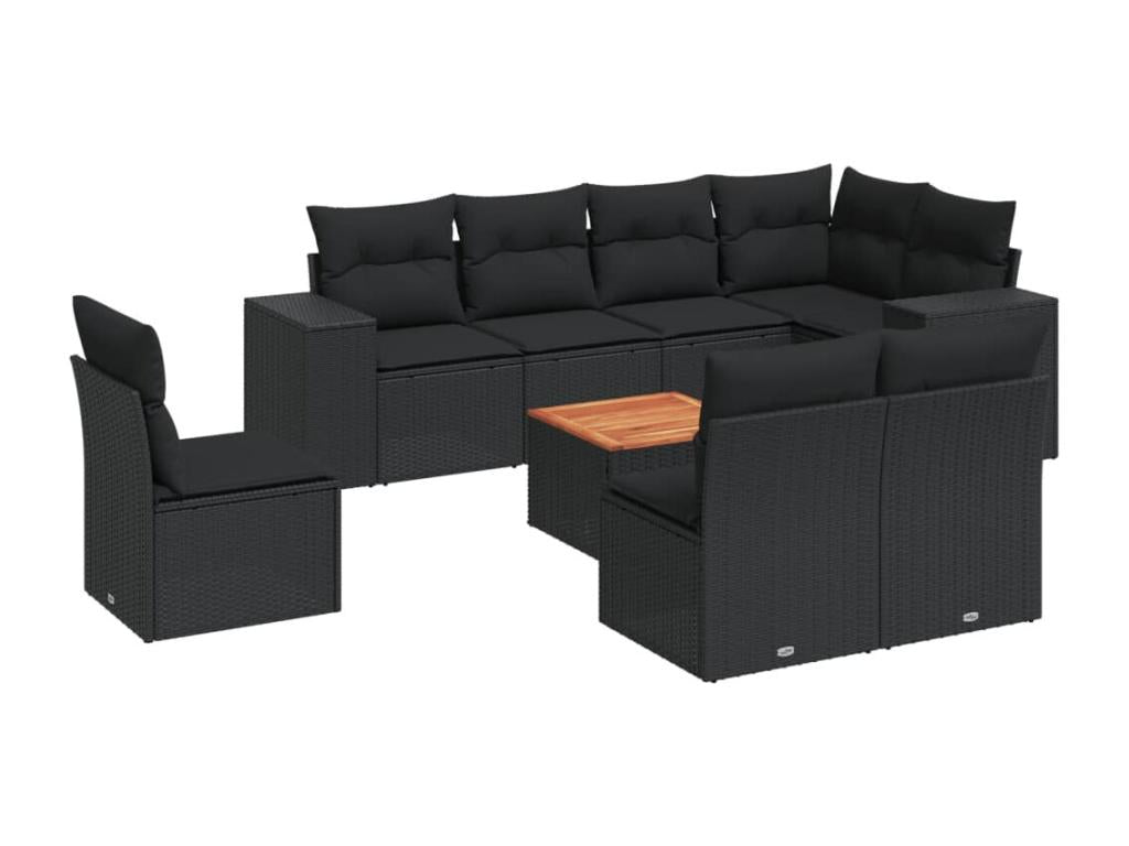9-piece garden furniture set with cushions, black woven resin