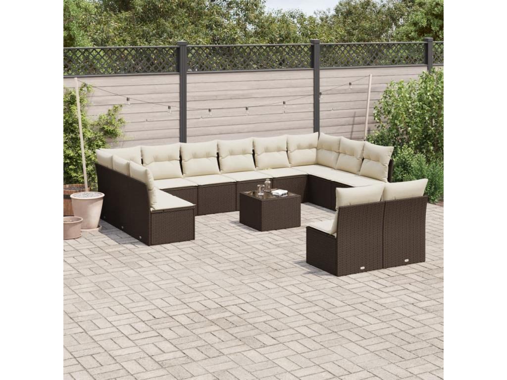 13-piece garden furniture set with cushions, brown woven resin, 53152VRTF