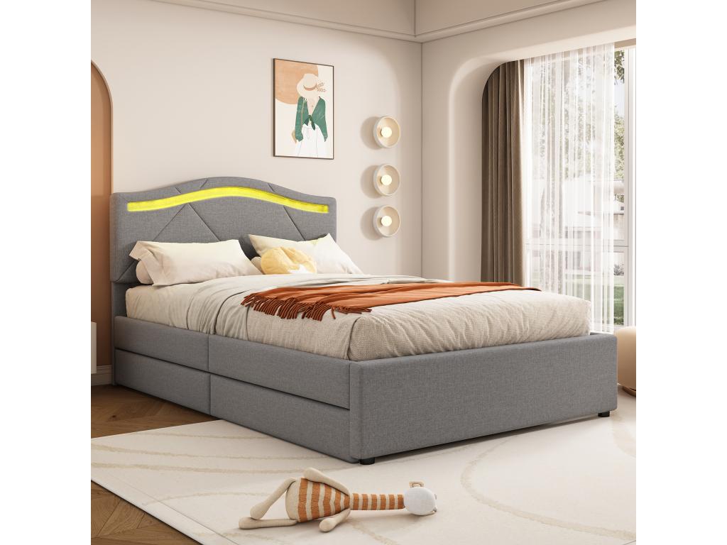 Upholstered bed 90x200 cm with adjustable headboard - linen fabric - LEDs - grey color