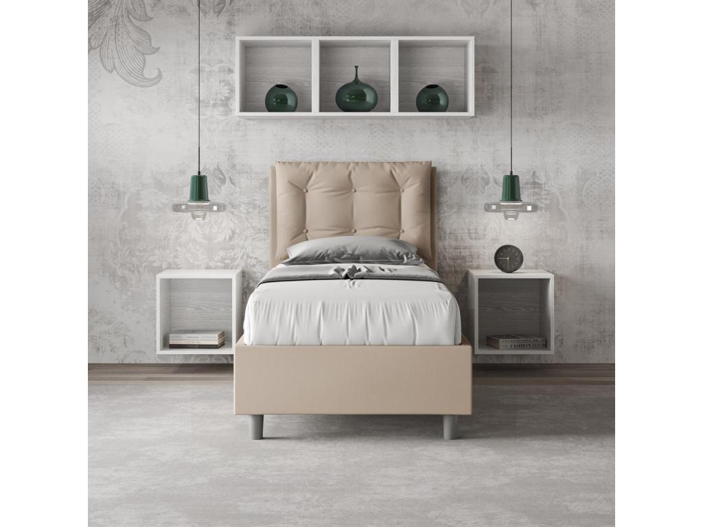 Bohometop 80x190 designer bed with beige faux leather quilted headboard cushion and slatted base 24026OLOY