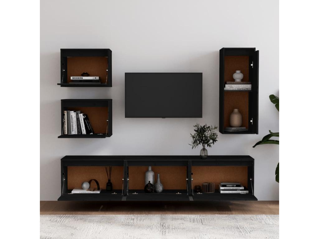 6-piece TV stand, black, solid pine wood, 66997LVMH