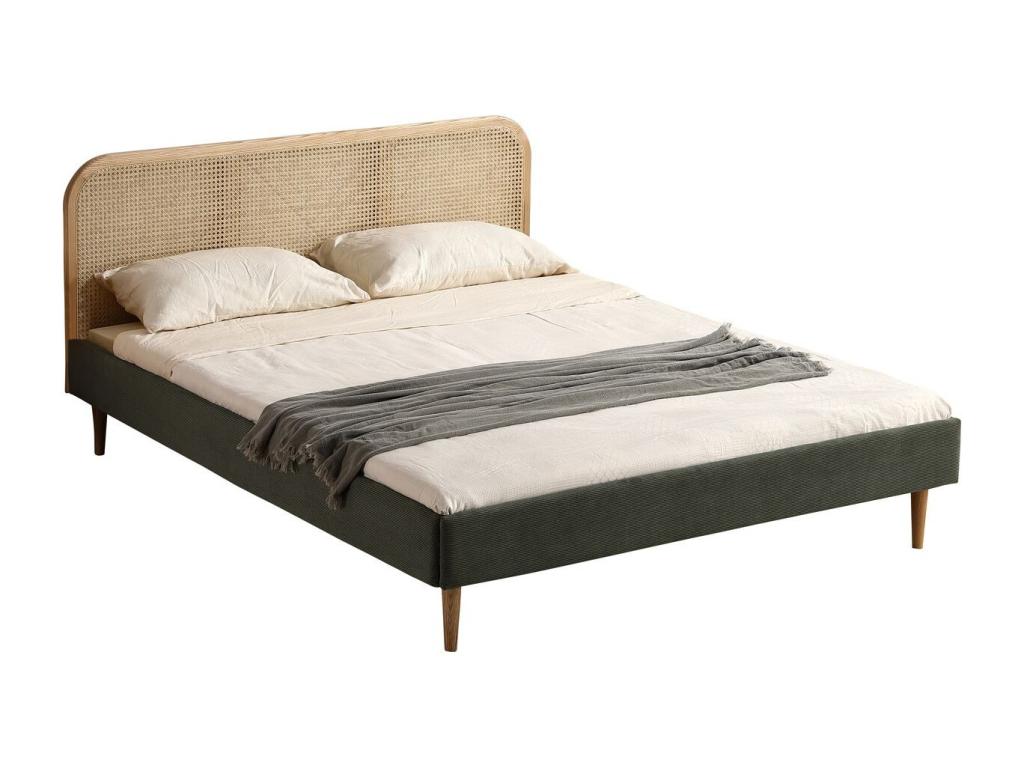 Adult bed 160x200 cm in khaki green corduroy with cane headboard - Bohometop 73252ROPO