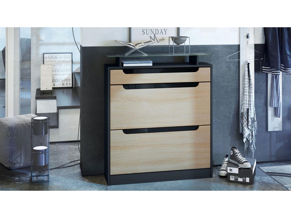 Shoe Cabinet, Matte Black/Raw Oak/High Gloss Black, 89x104x23 cm, 27503LMLI