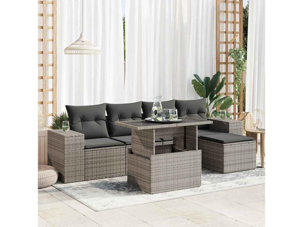 6-piece garden furniture set with grey resin wicker cushions
