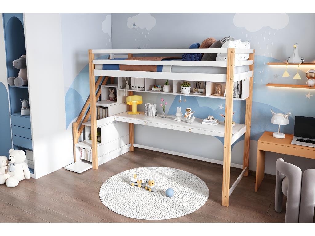 Loft bed 90x200 cm with desk, shelves and 4 drawers - pine wood - natural and white color 40368ZRMH