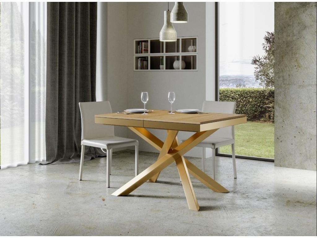 Extendable table for 4 to 8 people, natural oak with gold-tone interlaced legs, L 120 to 224cm, Bohometop 77221JKEE