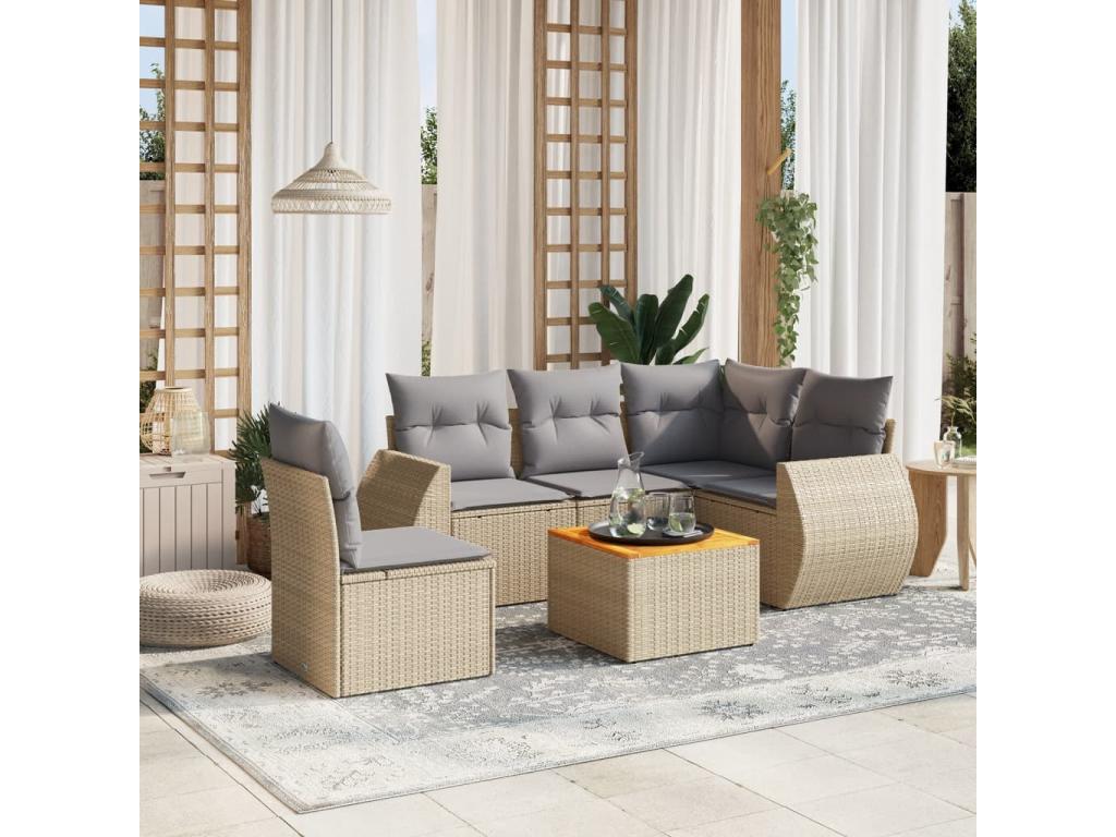 Garden furniture set with cushions, 6 pieces, beige woven resin, 18056UAZI