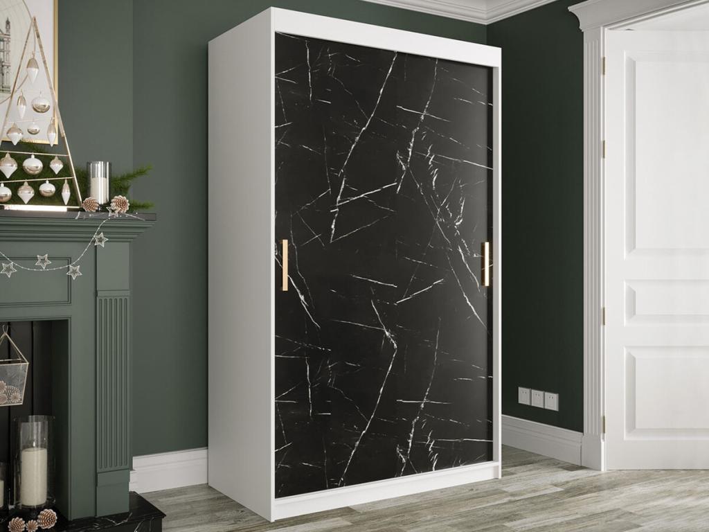 Bohometop 247 Wardrobe, Matte White - Black Marble, 200x120x62cm, Sliding Wardrobe Doors, 17329YBKE