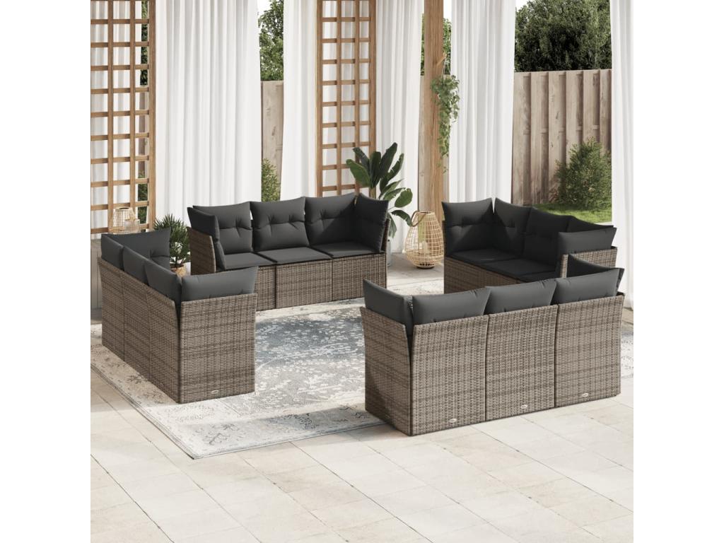 12-piece garden furniture set with cushions, grey woven resin 91350PBJG