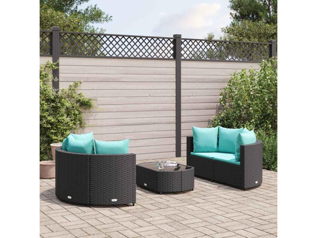 5-piece garden furniture set with cushions, black woven resin, 67124ICDN