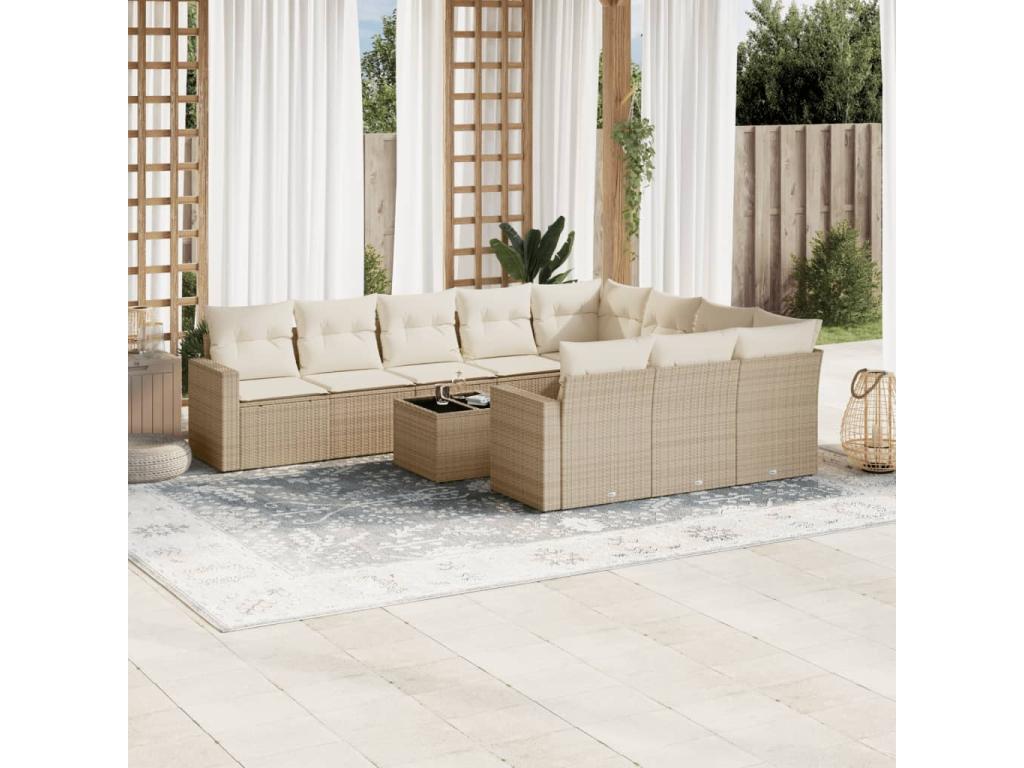 11-piece garden furniture set with beige resin wicker cushions 67907EIRU