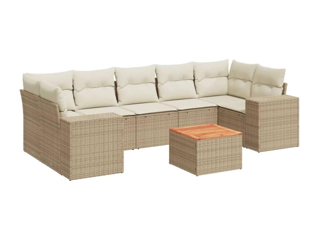 8-piece garden furniture set with cushions, beige woven resin, 11823UTPO