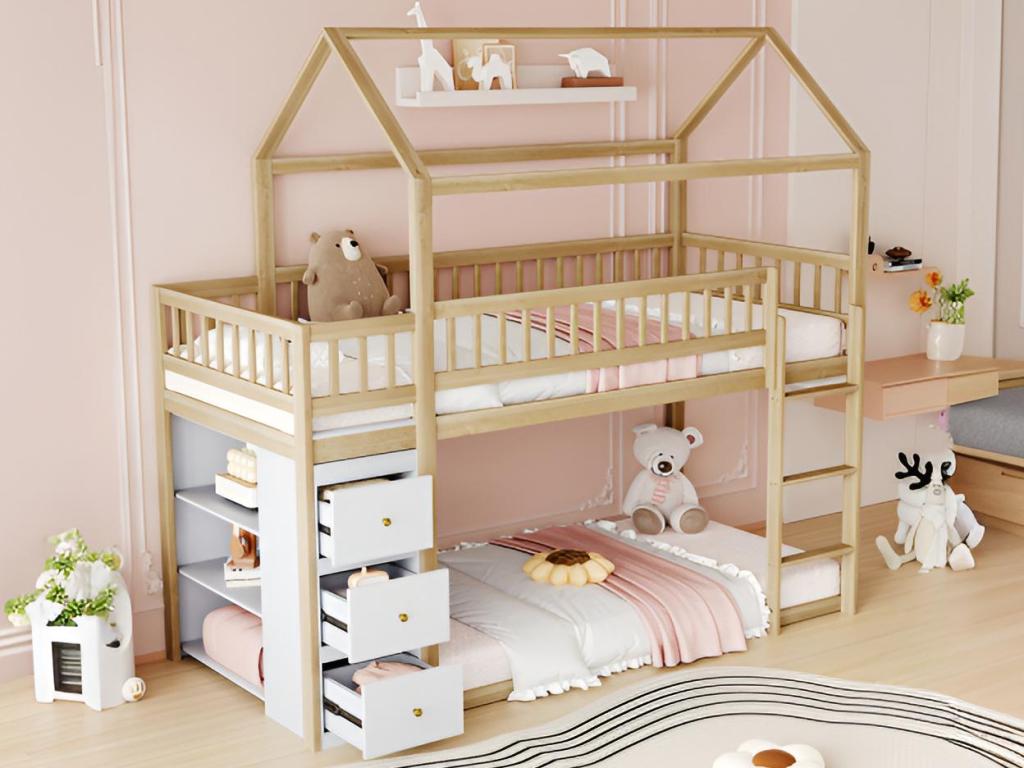 Bunk bed 90x200cm in solid wood - with drawers and shelves - Natural 49385WLWY