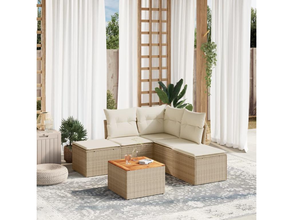 6-piece garden furniture set with cushions, beige wicker resin, 37651KOIB