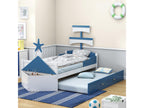 Children's bed, 90x200 cm, single bed in the shape of a sailboat with an extendable bed and storage cupboard at the foot of the bed, blue 00310GXJN