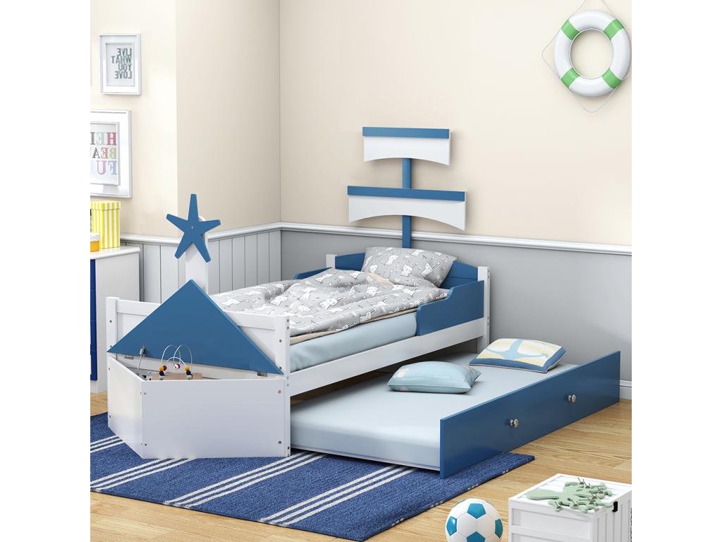 Children's bed, 90x200 cm, single bed in the shape of a sailboat with an extendable bed and storage cupboard at the foot of the bed, blue 00310GXJN