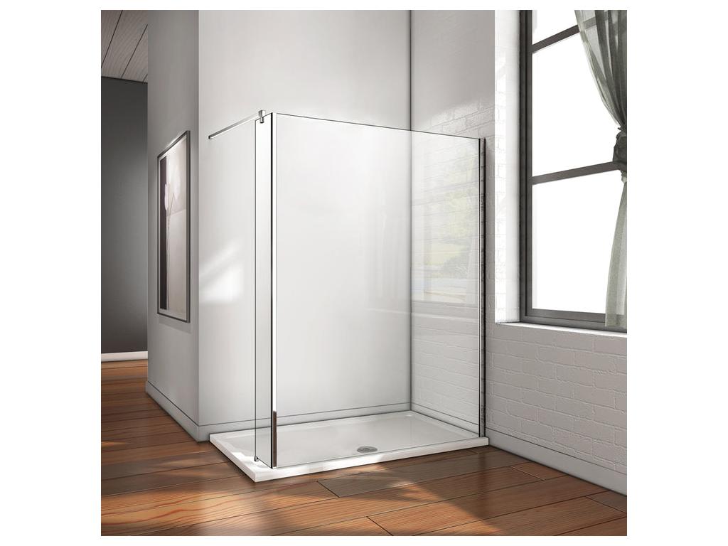 Walk-in shower screen with fixed pivoting return, 100 x 25 x 200 cm, with 90 cm square support bar, 8 mm anti-limescale glass, 46308XOCB