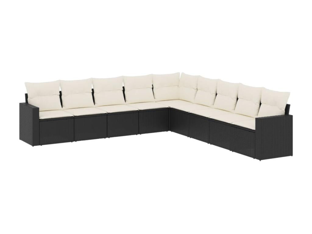 9-piece garden furniture set with cushions, black woven resin