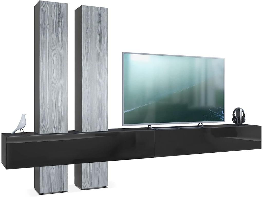 Wall Combination: Body in Matte Black/Fronts in High Gloss Black and Bohometop-Anthracite, HxWxD 204x330x39 cm, 63577HETO