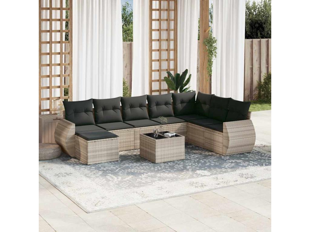 9-piece garden furniture set with light grey resin wicker cushions 03155GOAS