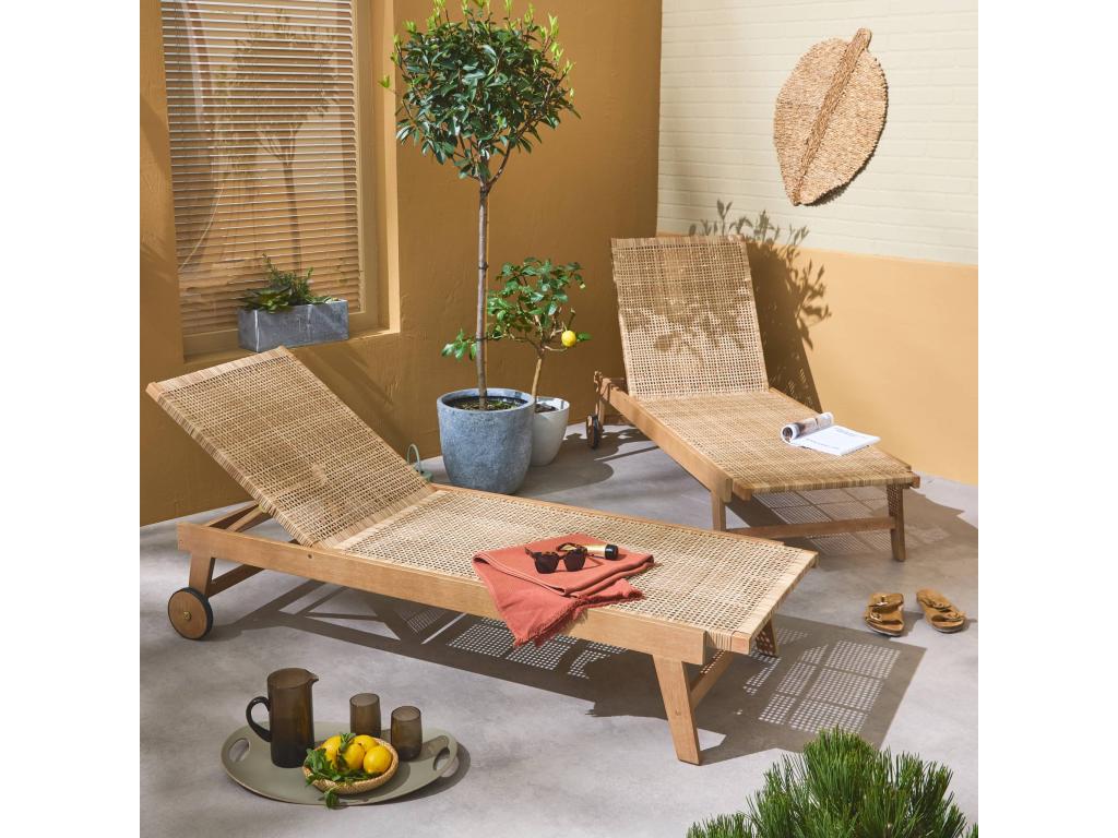 Set of 2 Bohometop wooden and resin sun loungers with caning and reclining backrest 71097TXYT