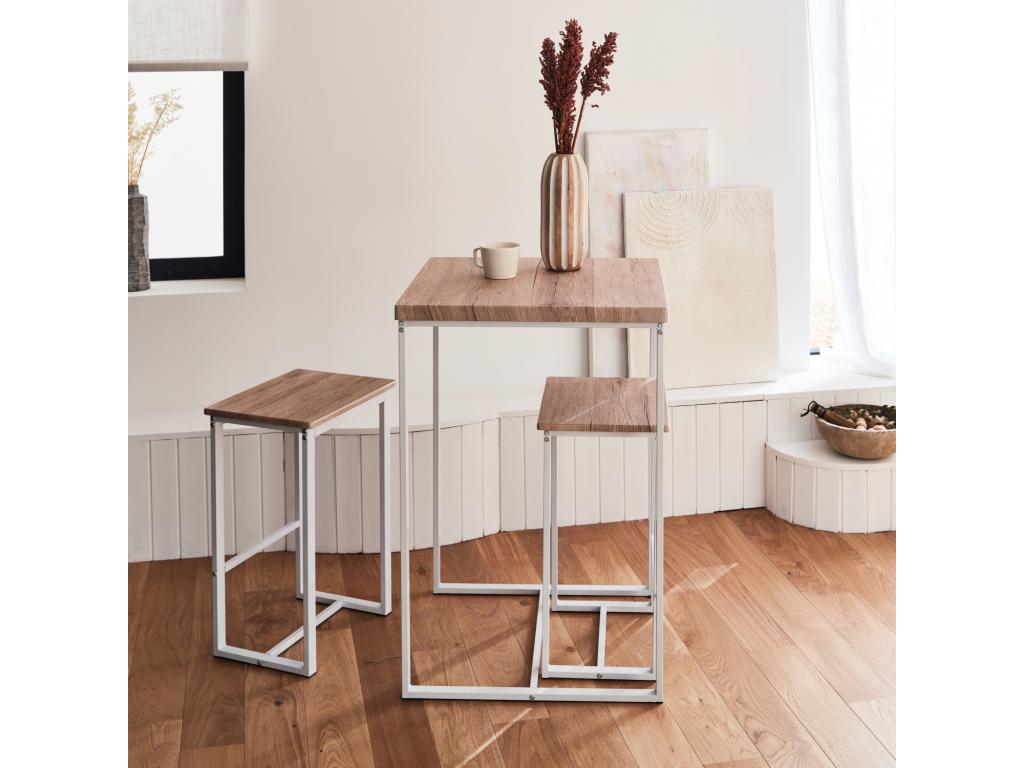 Square high table set - Bohometop - with 2 bar stools - steel and wood finish - stackable - design 46917NAOL